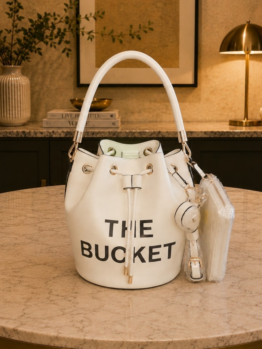 Brand New - White 'The Bucket' Drawstring Bag with Matching Wallet